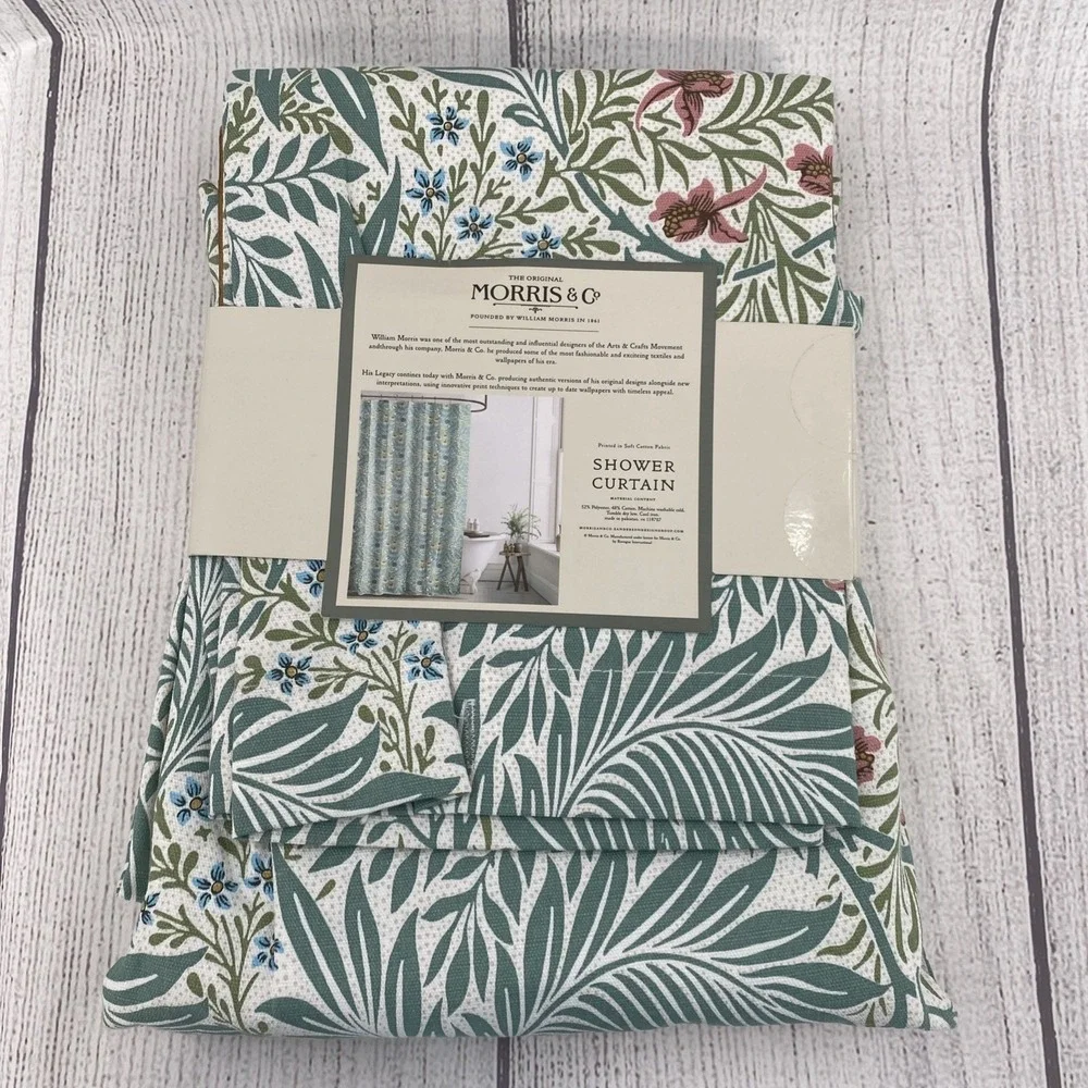 William Morris Shower Curtain Fabric Larkspur Mineral Floral Leaves Botanical
